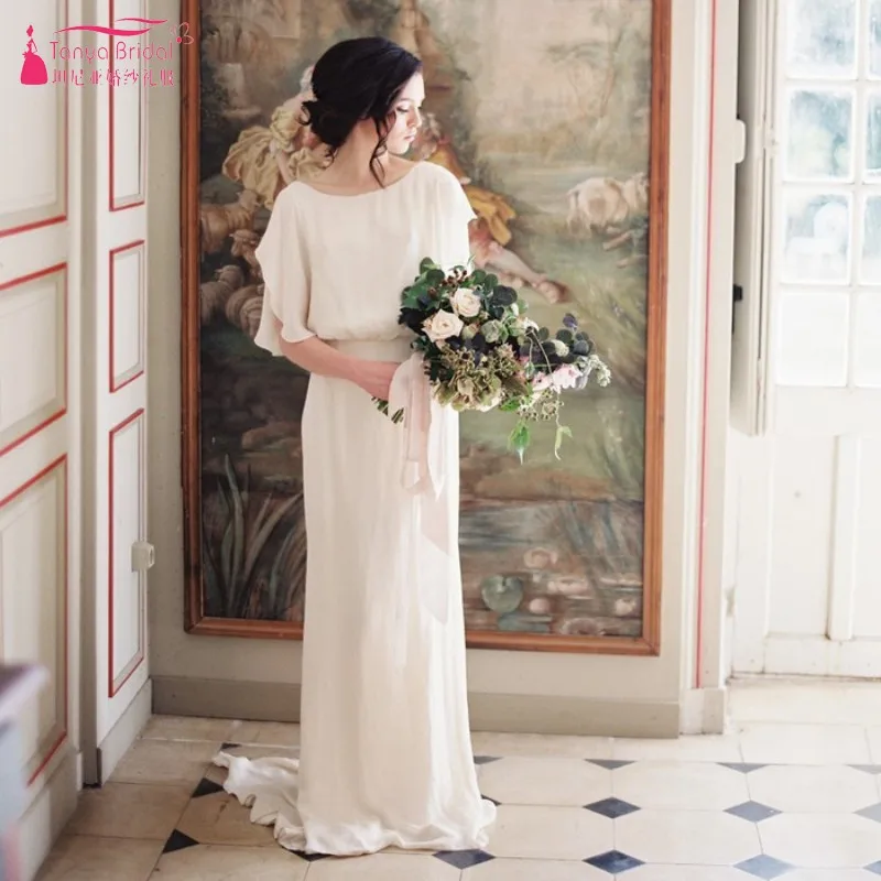 

Short Sleeves Long Bohemian Wedding Dresses 2019 Simple V Back A Line Beach Bridal Dresses Vestido Noiva G2559
