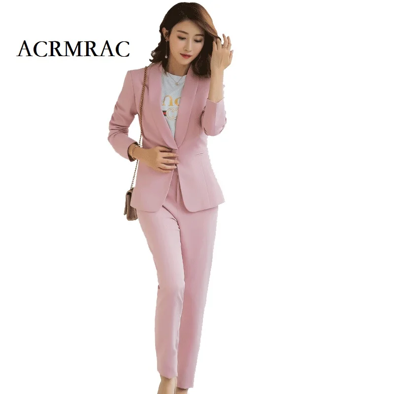 

ACRMRAC 2018 New Women Formal wear Suit Long sleeves Solid color Slim jacket pants Business OL Formal Pant Suits