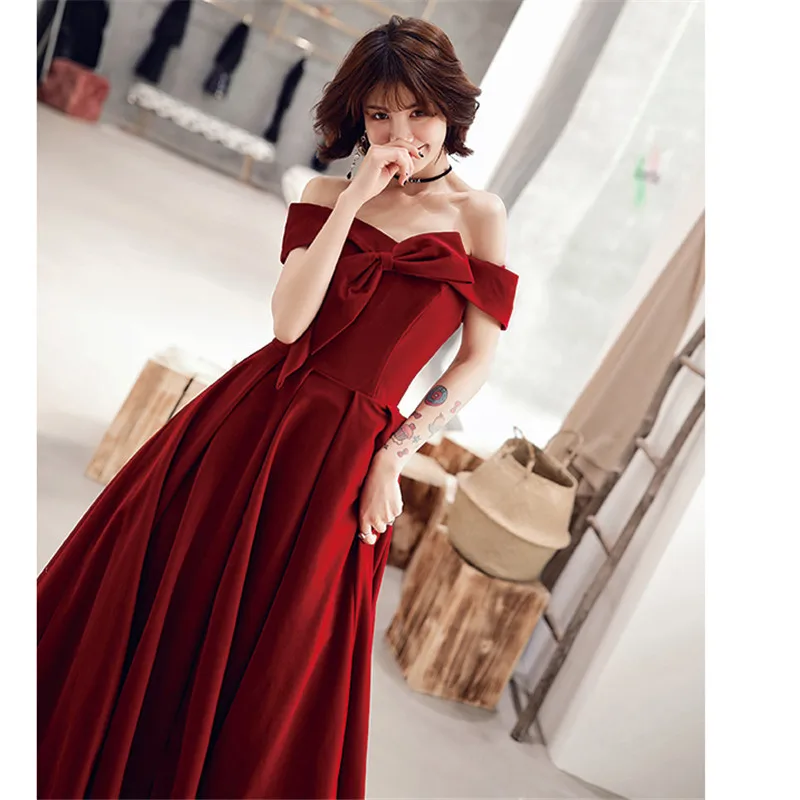 It's YiiYa Evening Dress Long Elegant A-Line Off Shoulder Bow Women Party Dress Boat Neck Robe de Soiree Plus Size E519