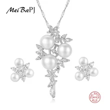 MeiBaPJ Настоящее серебро 925 проба цветок набор украшений для женщин пресноводный белый жемчуг ожерелье серьги прекрасные вечерние ювелирные изделия