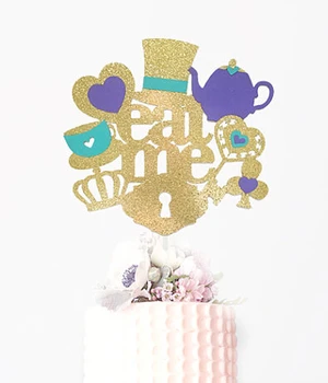 

gold and purple Acrylic Alice in Wonderland Cake Topper, Eat Me Cake Topper birthday tools wedding party decorations