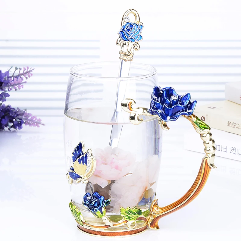 330/350 мл цвет эмаль стекло кофе кружки чашки для чая и кружки с ложка в виде Розы красота офис творческий посуда для напитков - Цвет: see chart