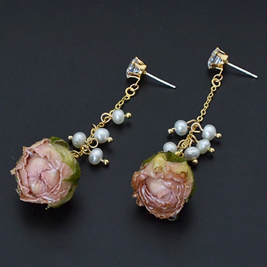 2 Pieces Dried Rose Flowers Charms with Liquid Resin Covered and Loop for DIY Earrings Pendant Jewelry Making Findings