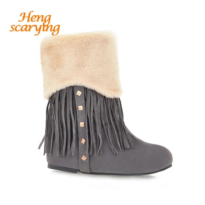 

2018 Women Plus Size Fashion Suede Boots Winter Autumn Calf Brown Flats Cute Fringe Studded Boots Female Warm Flats Rivets Shoes