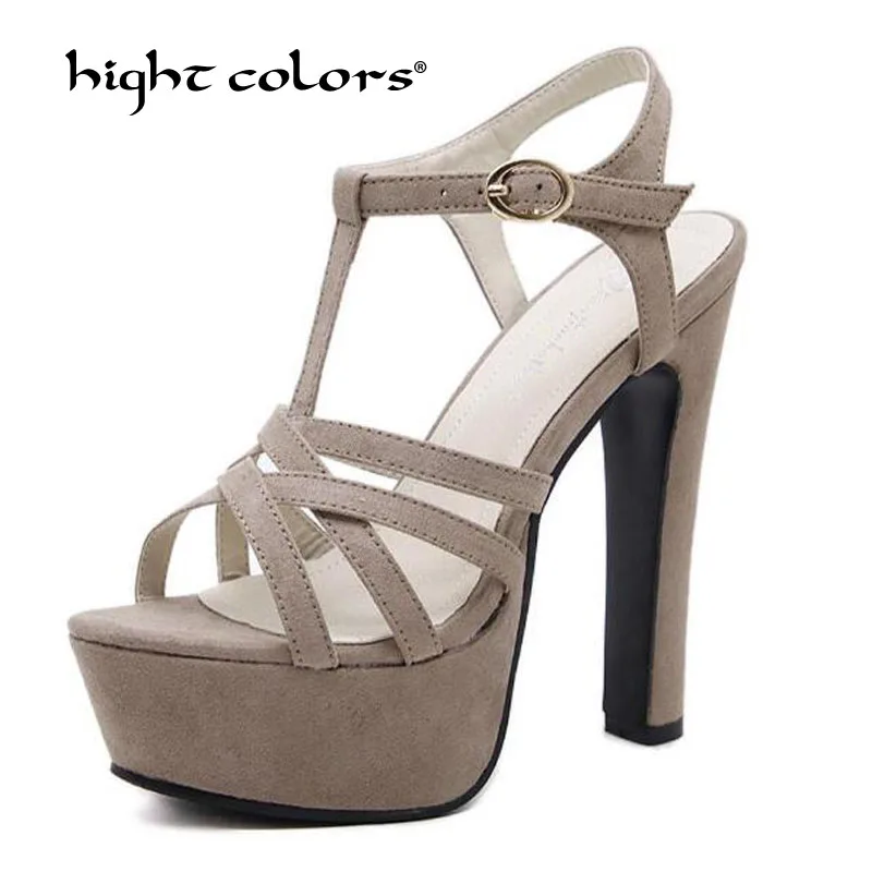 

Hight Colors Brand Black Apricot Women Sandals Buckle Strap 14cm High Heels Fashion Platform Sexy Wedding Female Shoes P0083-2