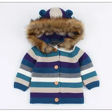 Свитер для маленьких девочек; осенние свитера для маленьких мальчиков; зимний Кардиган с капюшоном и меховым воротником для малышей; вязаная куртка и пальто для маленьких девочек