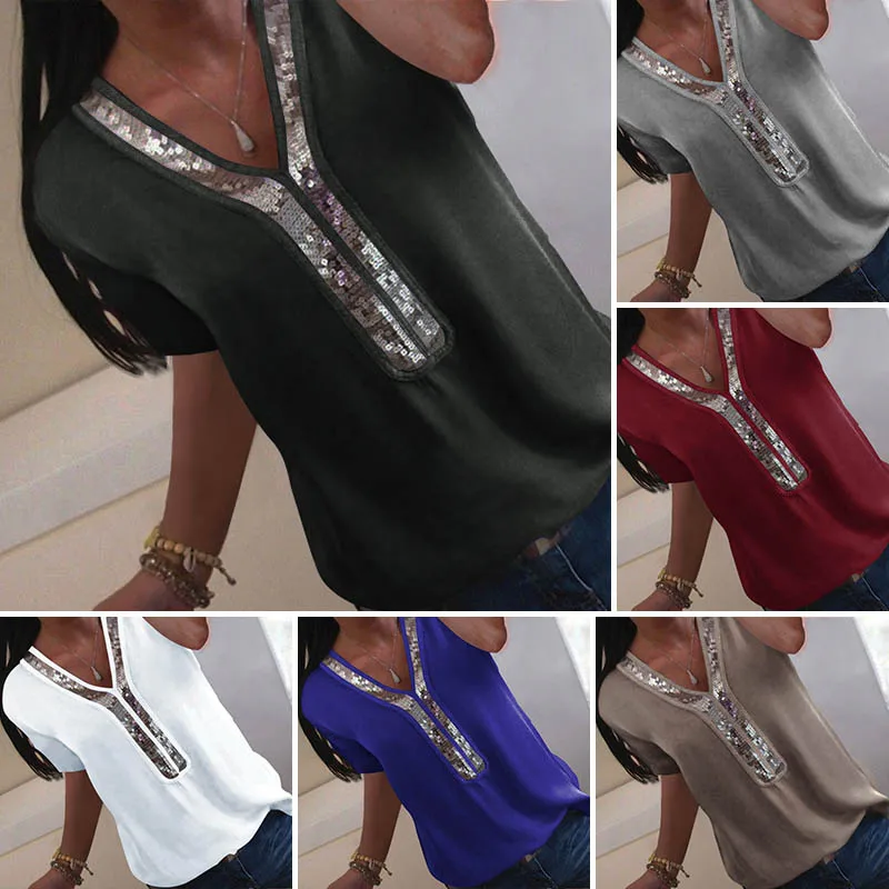 

Women V Collar Short Sleeve Tops Sequined Stitching T-Shirts Chiffon Shirt Best Sale-WT