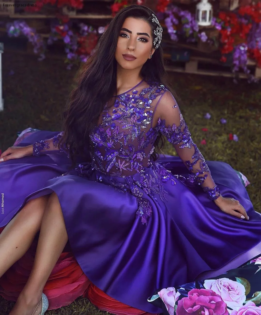 Saudi Arabic Dark Purple Vintage Long Sleeve Short Prom Cocktail Homecoming Dresses A Line Sheer Neck Applique Beaded Dress Formal BC1227  158 (4)