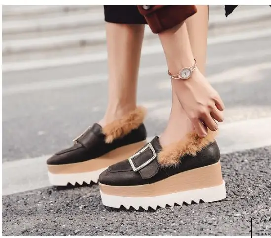 preppy style buckle thick bottom shoes woman rabbit fur brogue shoes winter flock platform shoes woman real fur flat espadrilles - Цвет: Хаки