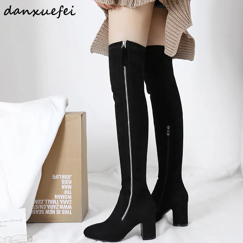 

Women's over the knee thight high boots genuine suede leather black winter long boots thick high heel sexy ladies slim shoes hot