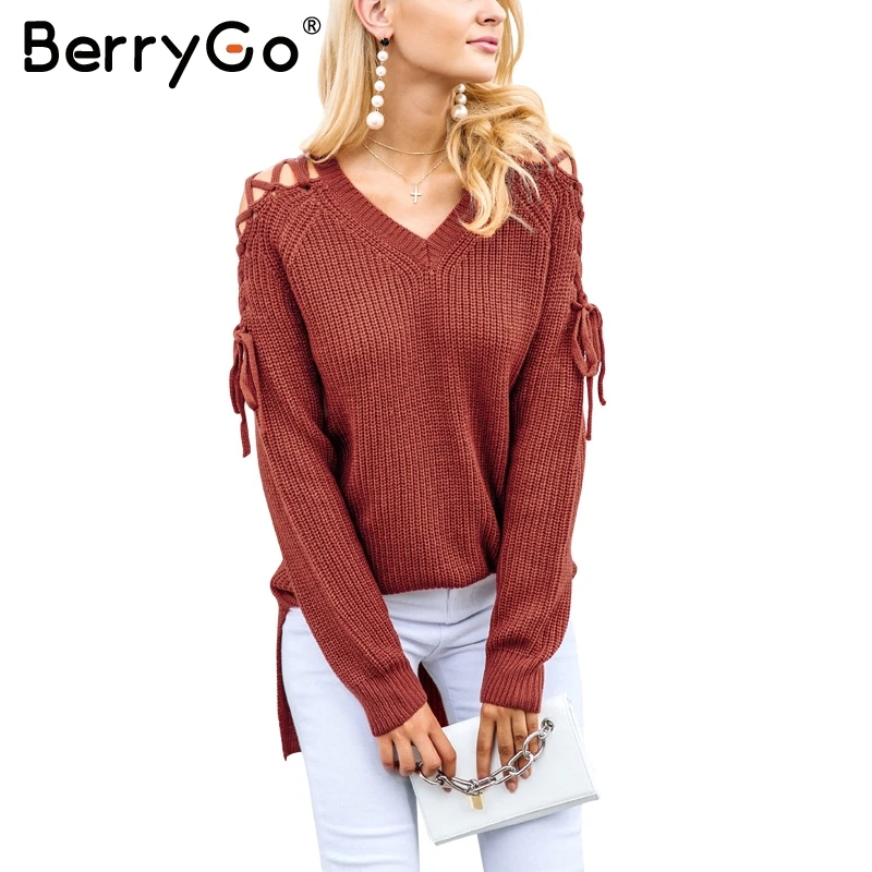 BerryGo осенний зимний на шнуровке раздельный вязаный свитер женский сексуальный