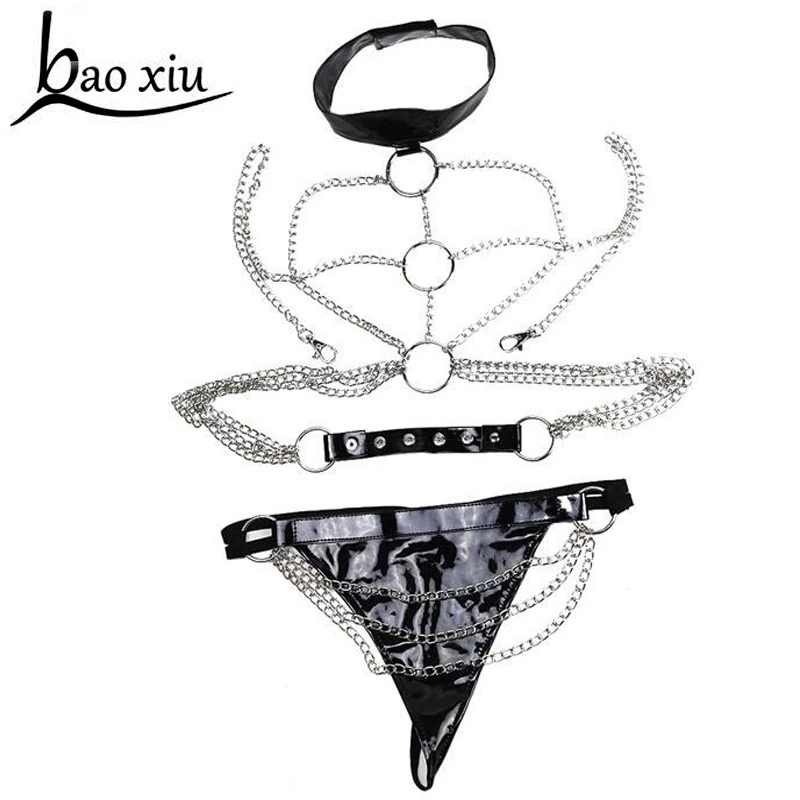 

Couples Sexy Women Patent Leather Bulge Pouch G-string Underwear with Chain Waist Wetlook Open Butt Jockstrap Female Underwear