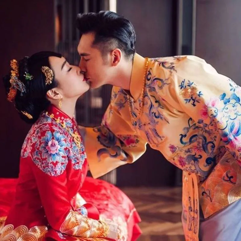 Китайский стиль жениха свадебный халат мужской embroidere дракон платье 2 шт. костюм Тан костюм для мужчин и жениха