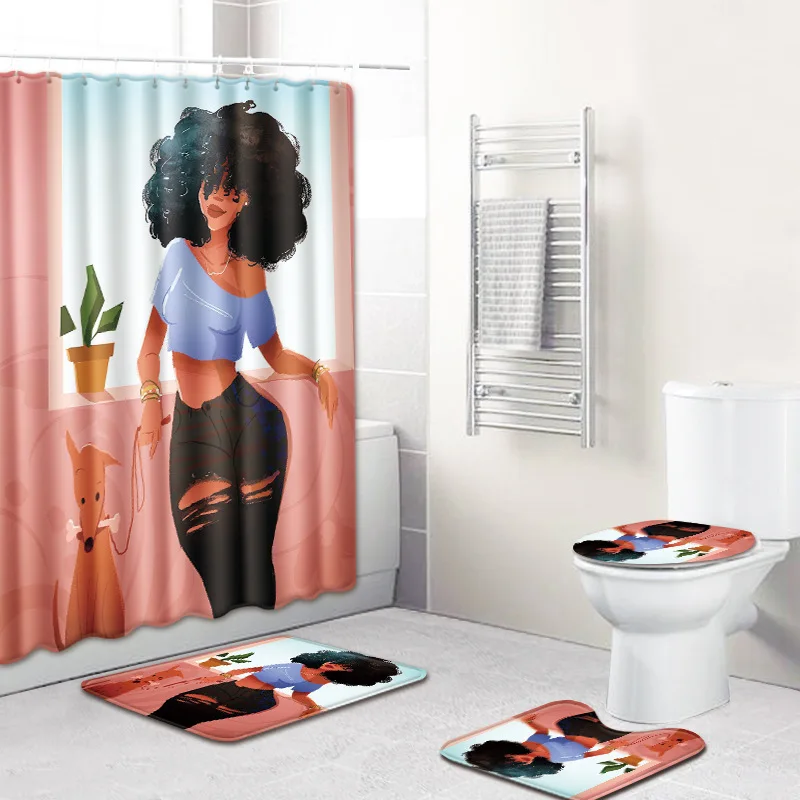

4Pcs/Set Bathroom Shower Curtain African Woman Bath Mat PVC Toilet Seat Covers Pad Set 180X180CM