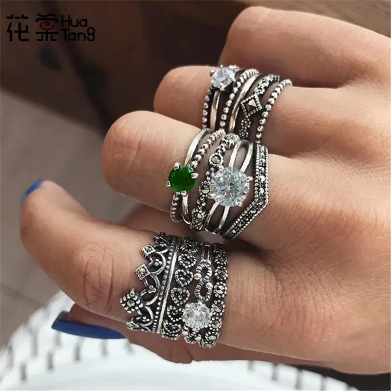 

HuaTang Vintage Crystal Heart Crown Shape Carved Rings Set for Women Girl Tribal Knuckle Midi Rings Statement Jewelry 5950