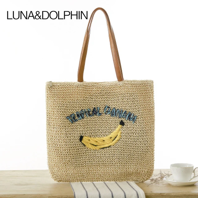 Luna Dolphin Summer Designer Ping Tote Beach Bag Knitted Straw Luna Dolphin Summer Designer Ping Tote Beach Bag Knitted Straw Handbags Banana Embroidery Shoulder Woven Travel