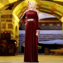 Maroon Green Arabic Evening Gowns Dresses Long Sleeves 2016 Velvet Hijab Muslim Evening Dress Turkish Women Clothing Abiye