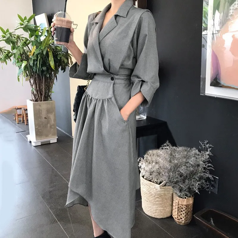 

Autumn Korea Fashion Notched Hem Mid-calf Dress Irregular Slim Party Dress High Waist Casual Dress