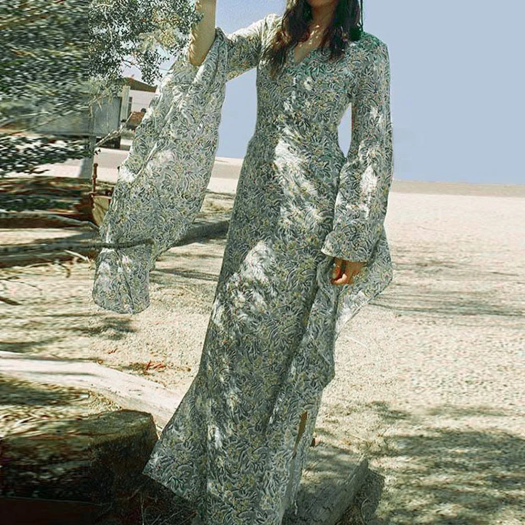 

Women's V-Neck Boho Dress Floral Printed Flare Sleeve Beach Long Dresses Summer Casual Loose Vacasion Dress Plus Size Dress Robe
