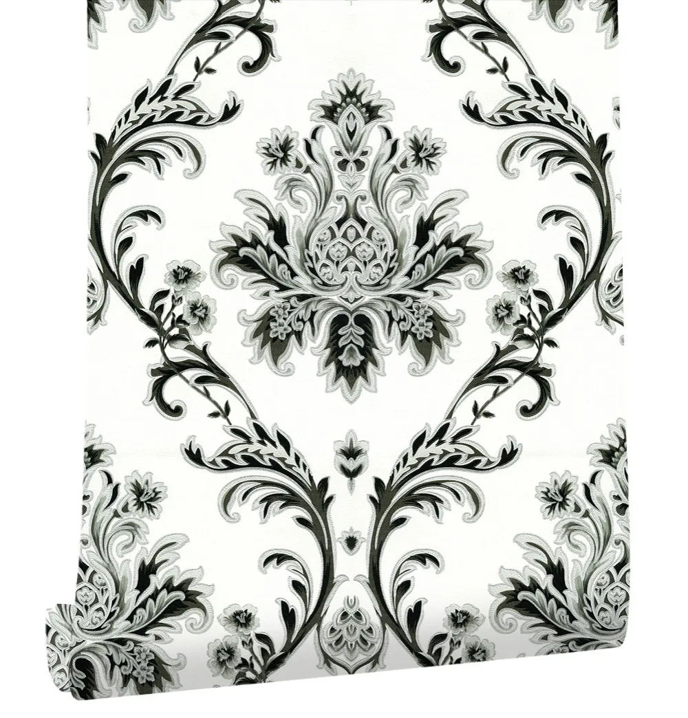 

Haokhome European Floral Damask PVC Wallpaper Roll Off White/Black/Silver/Brown Textured Living room bedroom home art decoration
