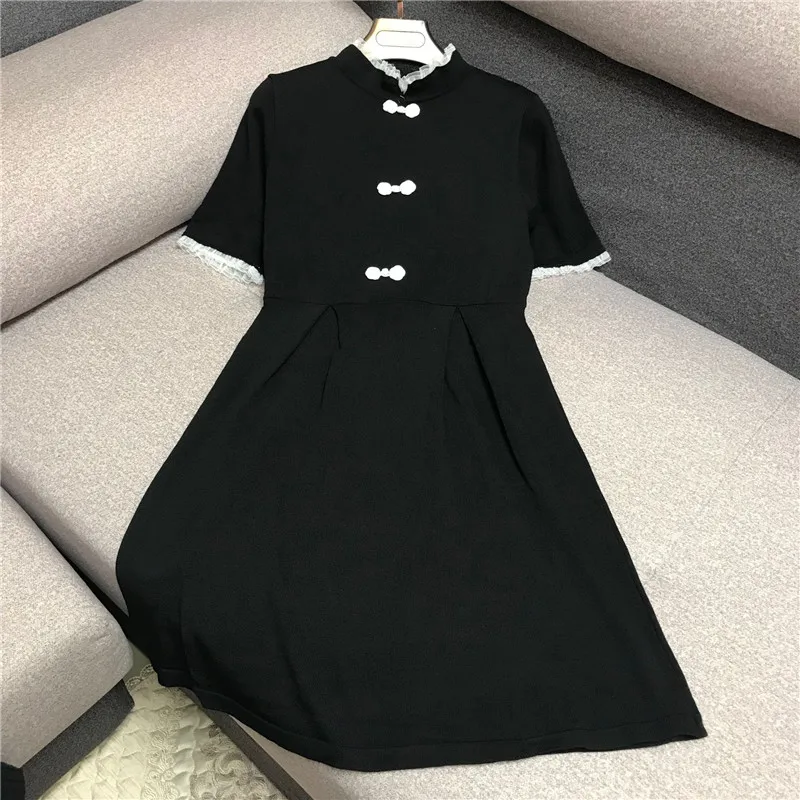 

Knitted Dress for Women Chinese Style Dial Lace Side Vintage Cheongsam Black Knitted Dress