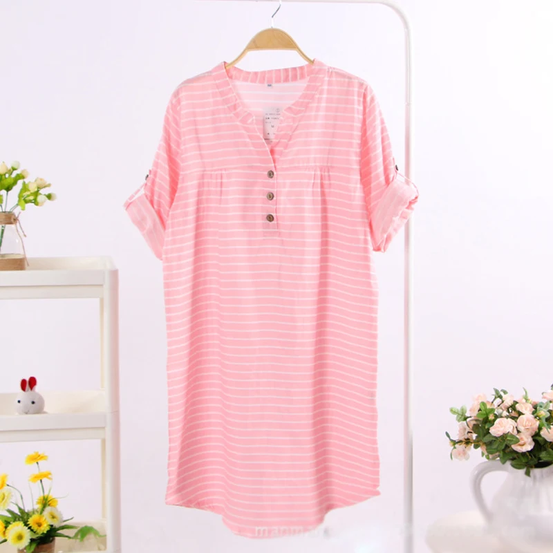 Весенняя модная полосатая ночная рубашка из хлопка, женская ночная рубашка, Повседневная Ночная рубашка с длинным рукавом и v-образным вырезом, домашняя пижама для женщин - Цвет: Розовый