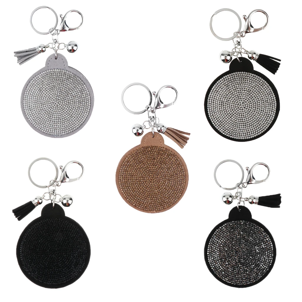 Woman Charm Key Chain Shape Round Crystal Keychain Tassel Mirror Grey