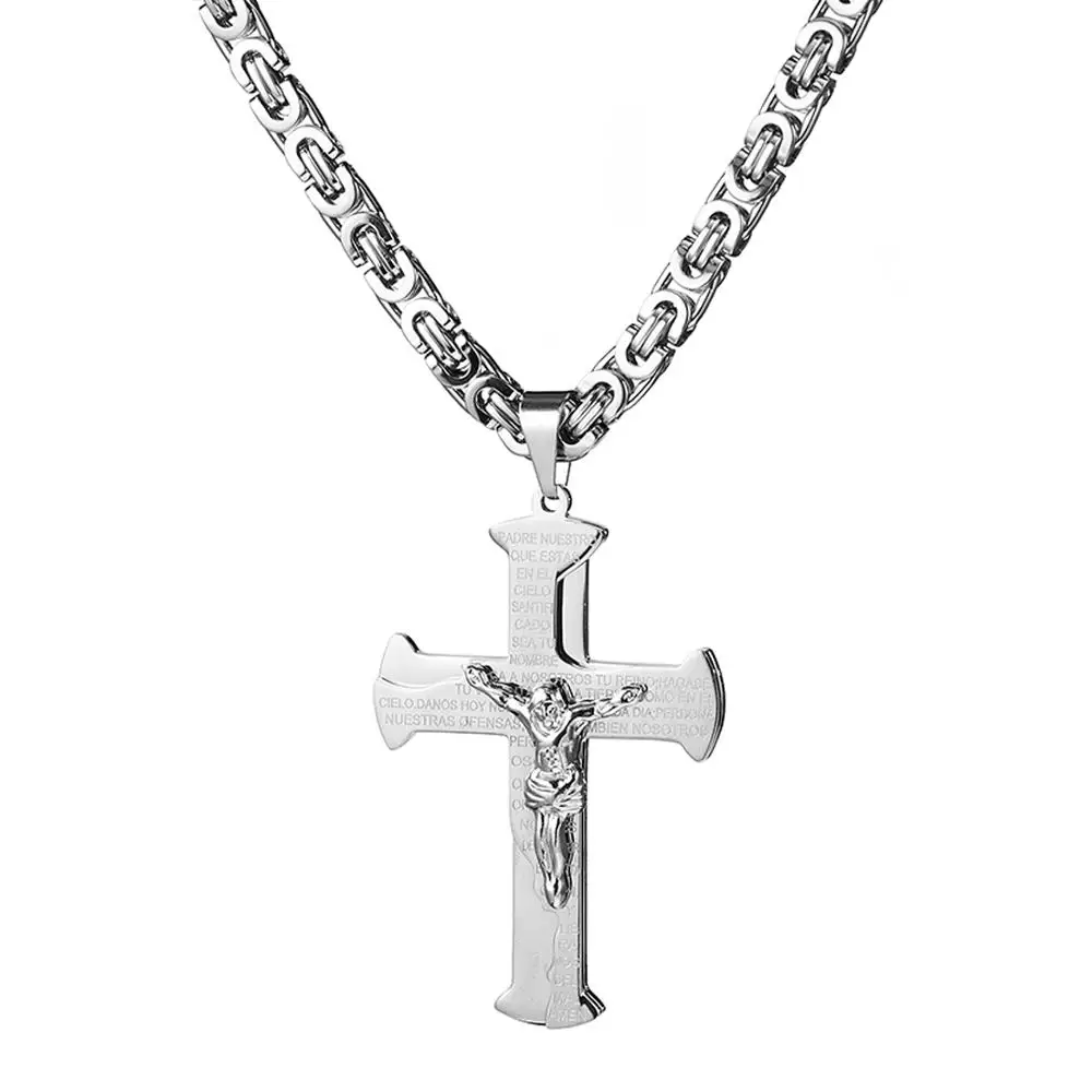 Elegant Jesus Crucifixion Cross Pendant Necklace - Gold, Silver, Black Stainless Steel Byzantine Chain