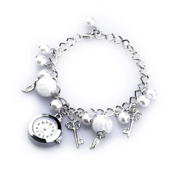 

YCYS-Women Imitation Pearl Quartz Round Dial Bracelet Pendants Wrist Watch