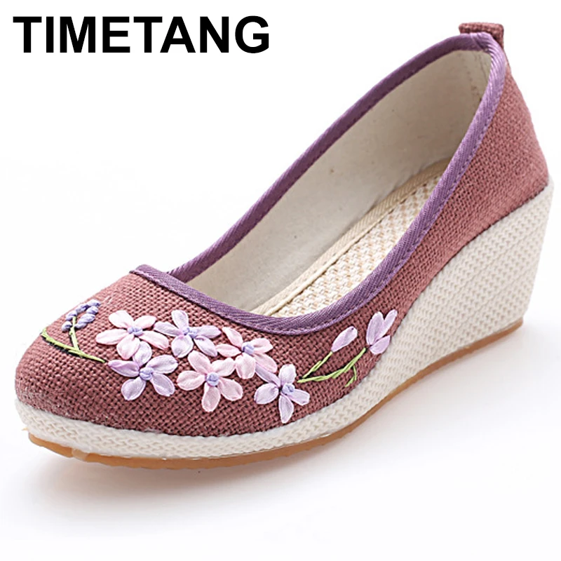 

TIMETANG Vintage Women Pumps Linen Shoes Retro Floral Embroidery Cloth Canvas Wedges Shoes Woman Platforms Zapatos Mujer E351