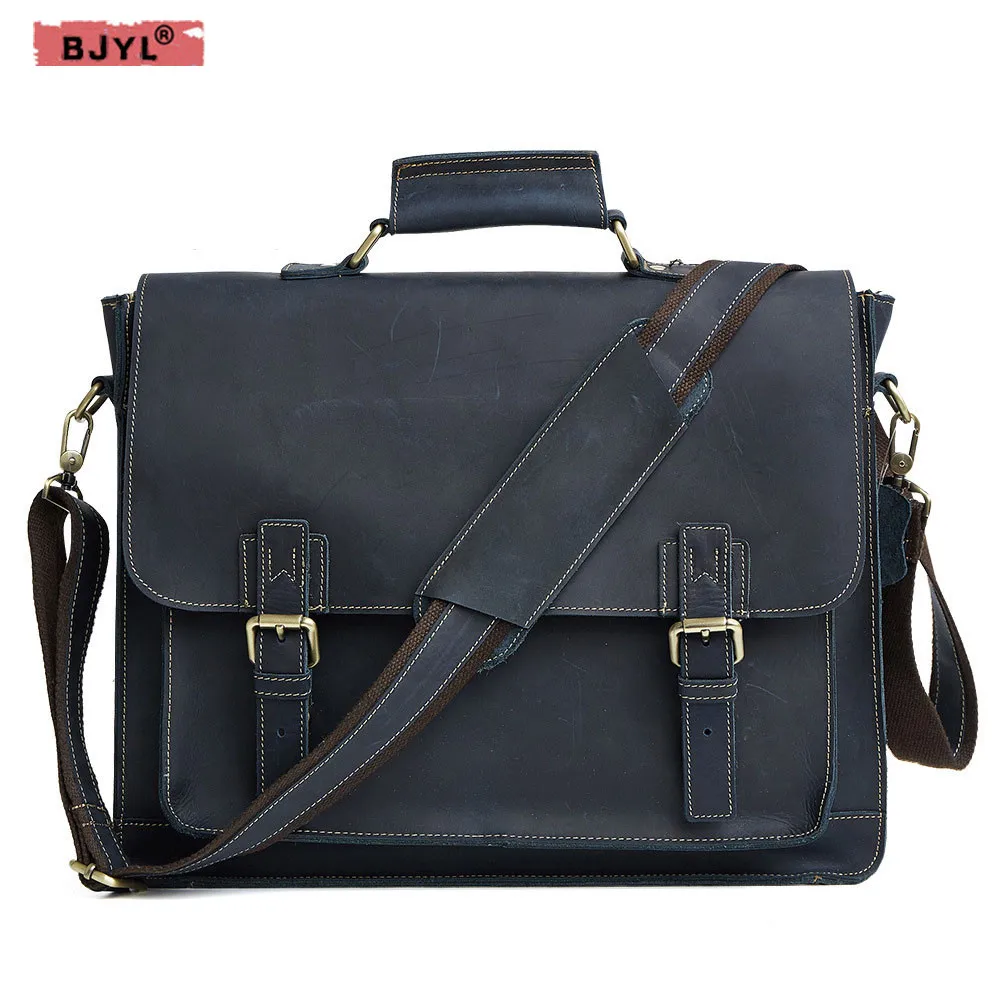 

BJYL Men Bags Crazy horse Leather briefcase men's handbag shoulder Messenger Genuine leather business package Laptop Briefcase