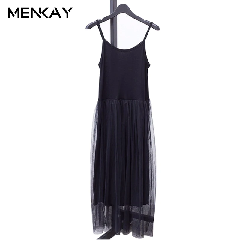 

[MENKAY] Basic Solid Color Dress Women Spaghetti Strap Dresses Mesh Tulle Draped High Waist Stretch Fabric Female 2019 Summer