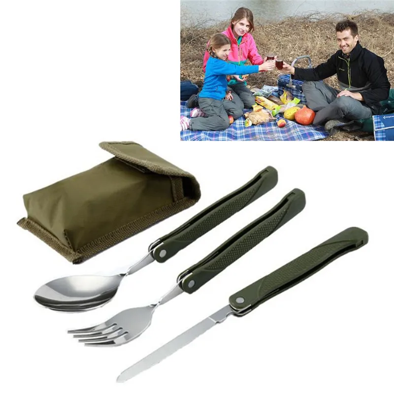 Camping Picnic Tableware 3pcs/set Multi function Stainless Steel Army