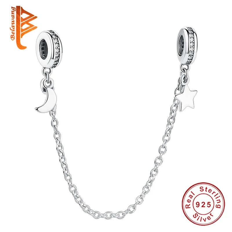 

BELAWANG Authentic 925 Sterling Silver Stackable Moon Star Dangle Safety Chain Charm fit Charm Bracelet DIY Jewelry