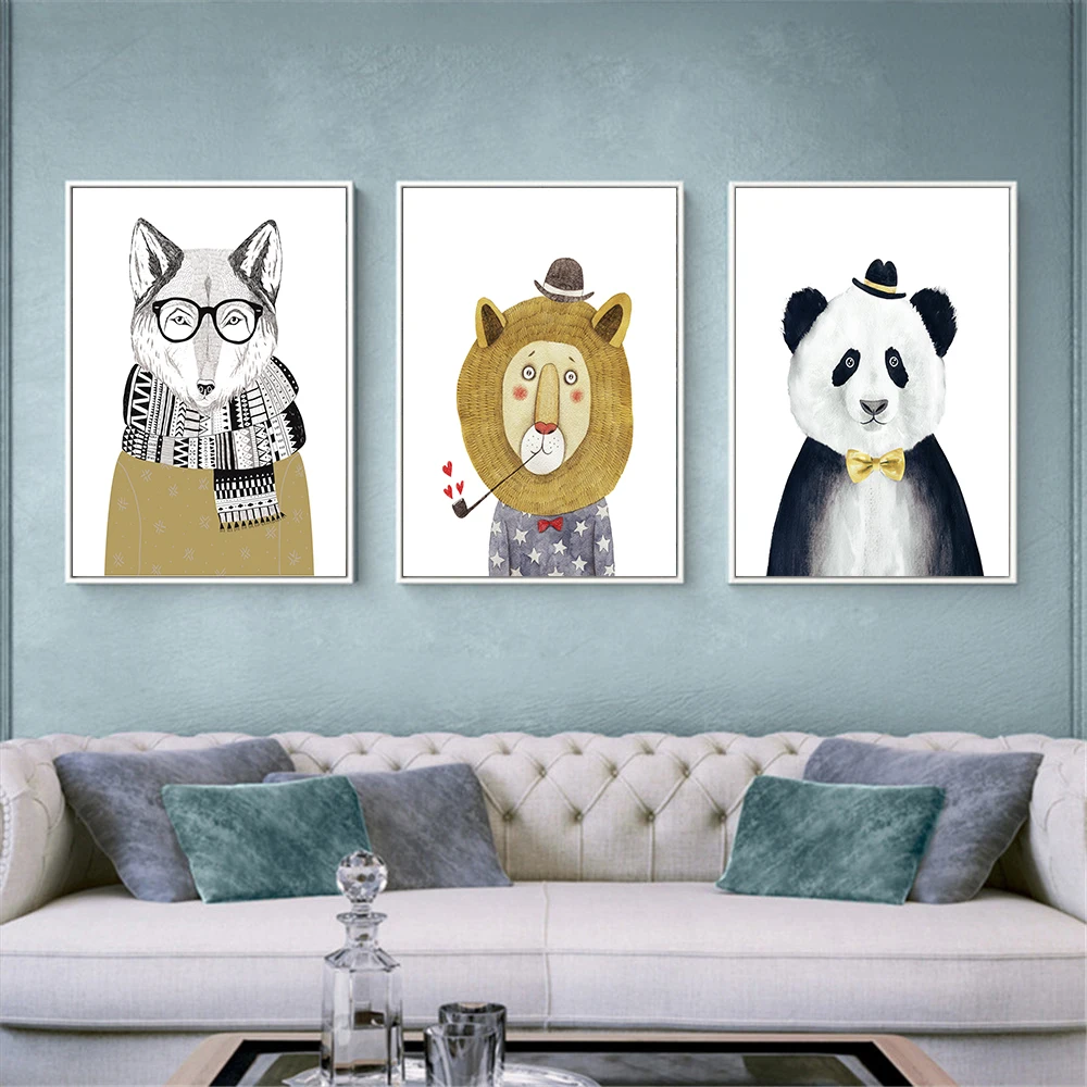 Hanging Wall Art Cute Poster Cartoon Animals Panda Bear Lion Dog Wolf