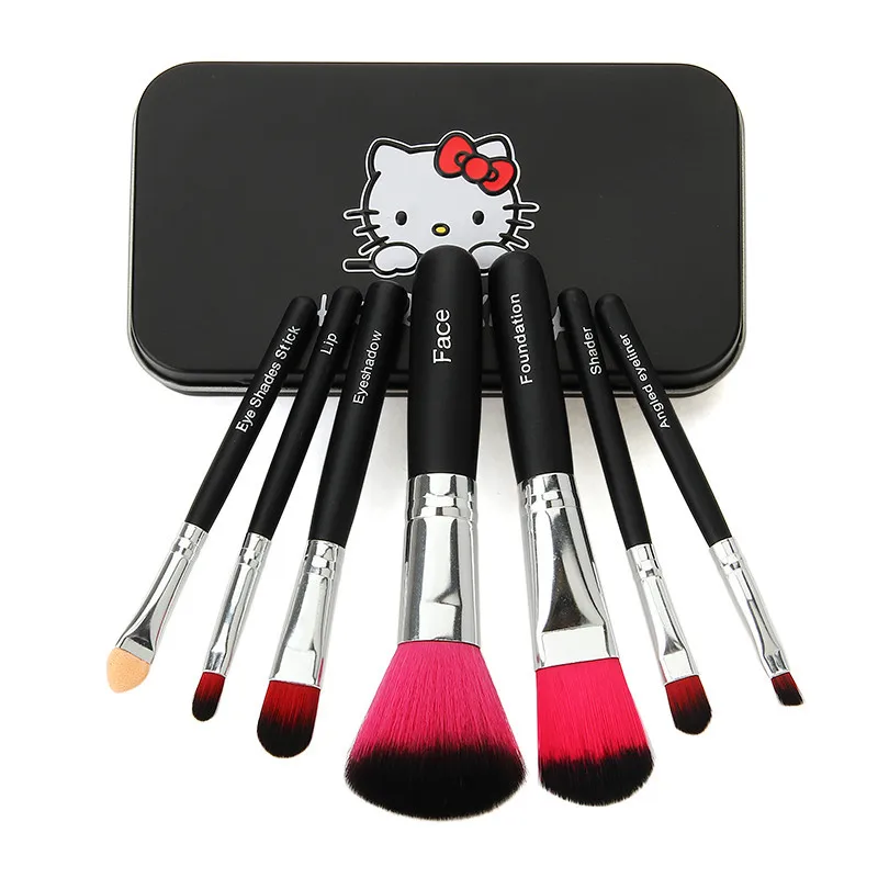 2015 Newest Black Pink Hello Kitty 7Pcs Makeup Brush Set Mini