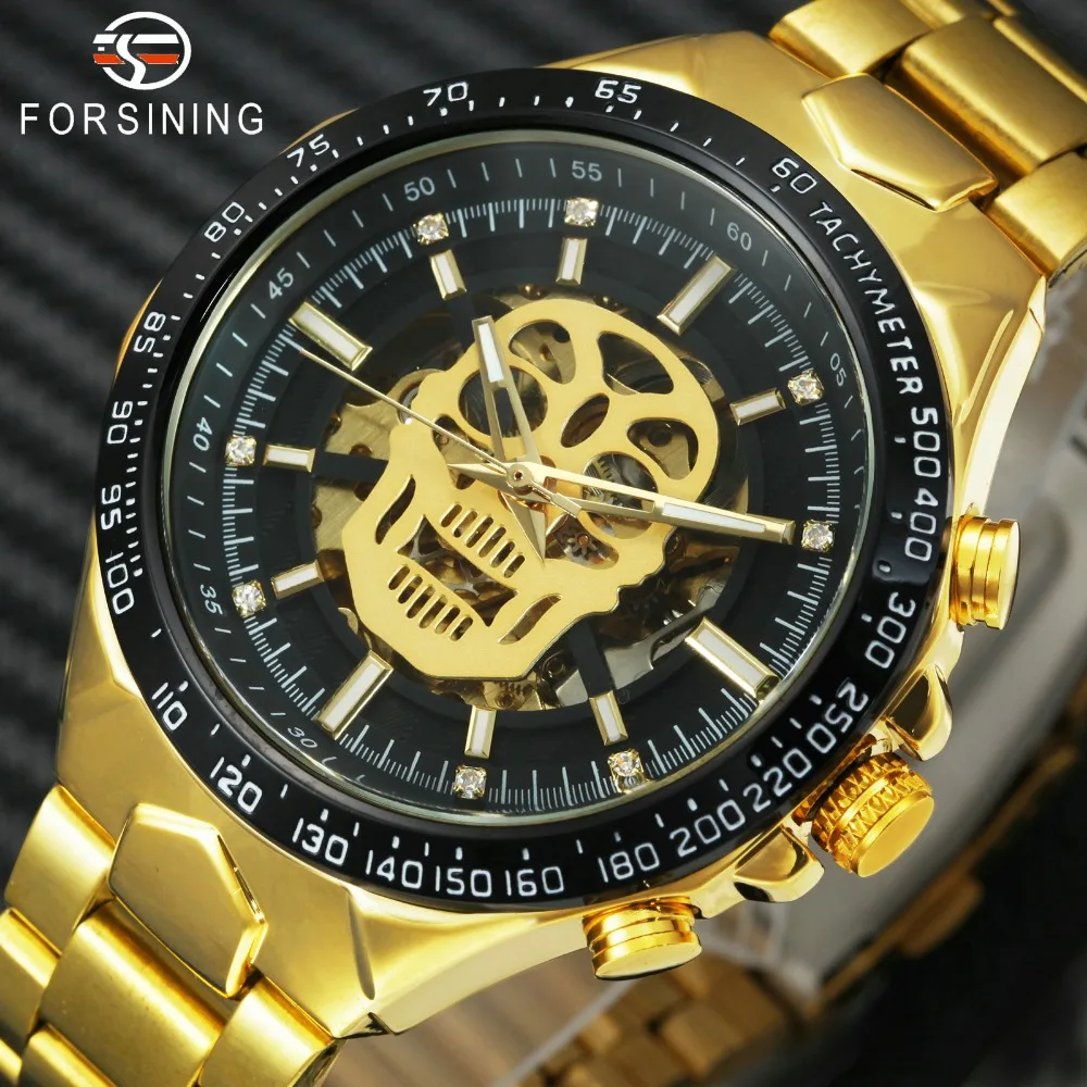 

FORSINING 2019 Fashion Golden Skull Automatic Watch Men Crystal Decoration Skeleton Dial Full Steel Watches Top Brand Luxury