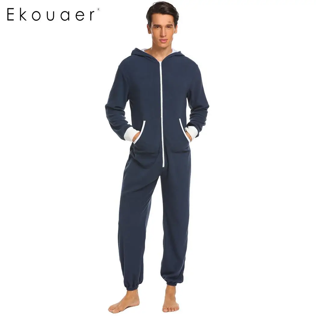 Ekouaer мужской пижамный комплект onesies Пижама флис с капюшоном с длинным рукавом на молнии пэчворк размера плюс цельные пижамы S-XXL - Цвет: navy blue