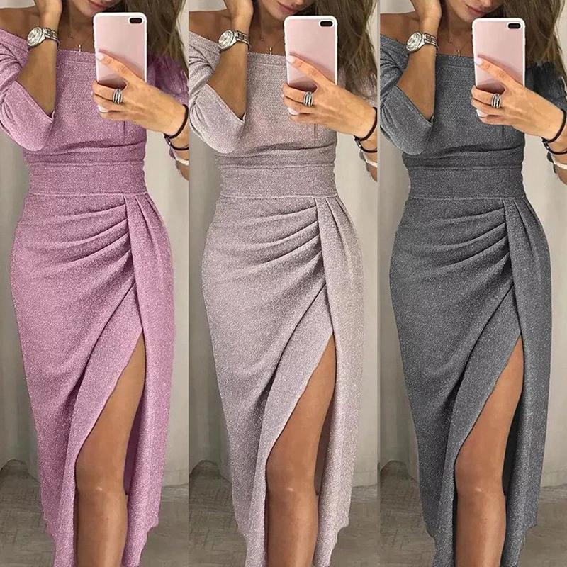 

3 Colors Women Off Shoulder Sexy Dress Autumn Long Sleeve Shiny Ruched Thigh Slit Long Dress Elegant Party Dresses
