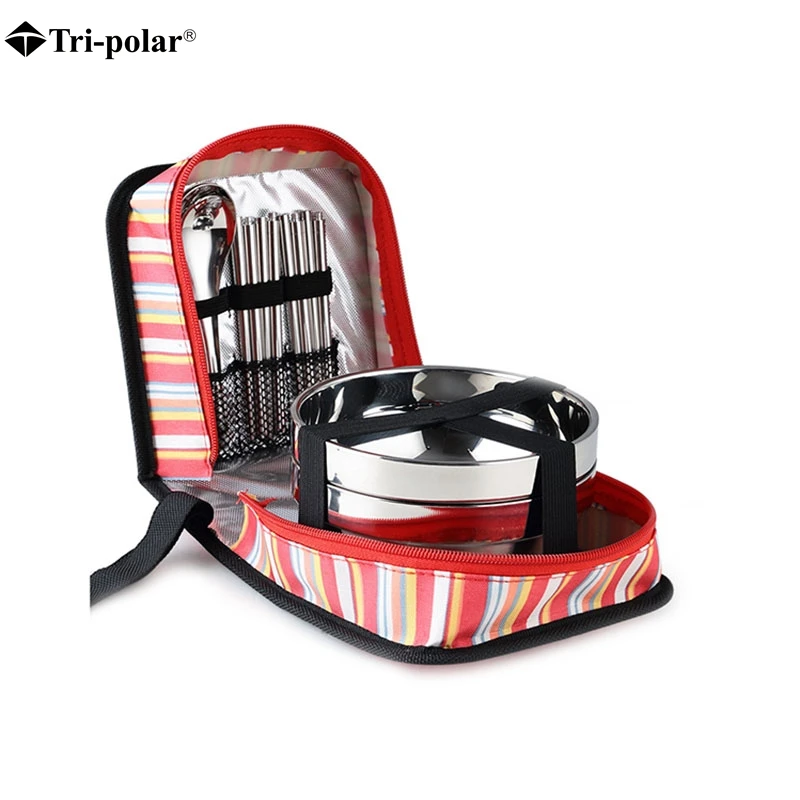 Tri-polar Acero inoxidable vajilla cuencos tenedor cucharas palillos vajilla conjunto con bolsa de almacenamiento para acampar Picnic Cocina