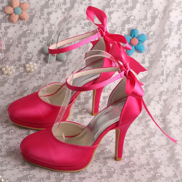 Wedopus MW215 Hot Pink Ribbon Heel Shoes Bridesmaid Small Size in