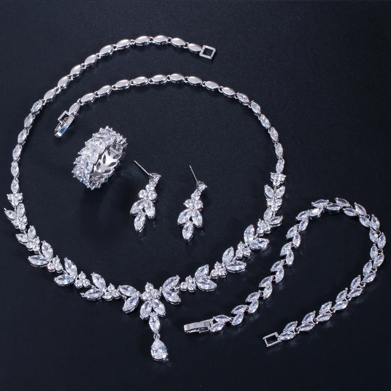 CWWZircons 4Pcs Brilliant Cubic Zircon Necklace Earrings Ring and Bracelet Wedding Bridal Jewelry Sets Dress Accessories T344 CWWZircons 4Pcs Brilliant Cubic Zircon Necklace Earrings Ring and Bracelet Wedding Bridal Jewelry Sets Dress Accessories T344