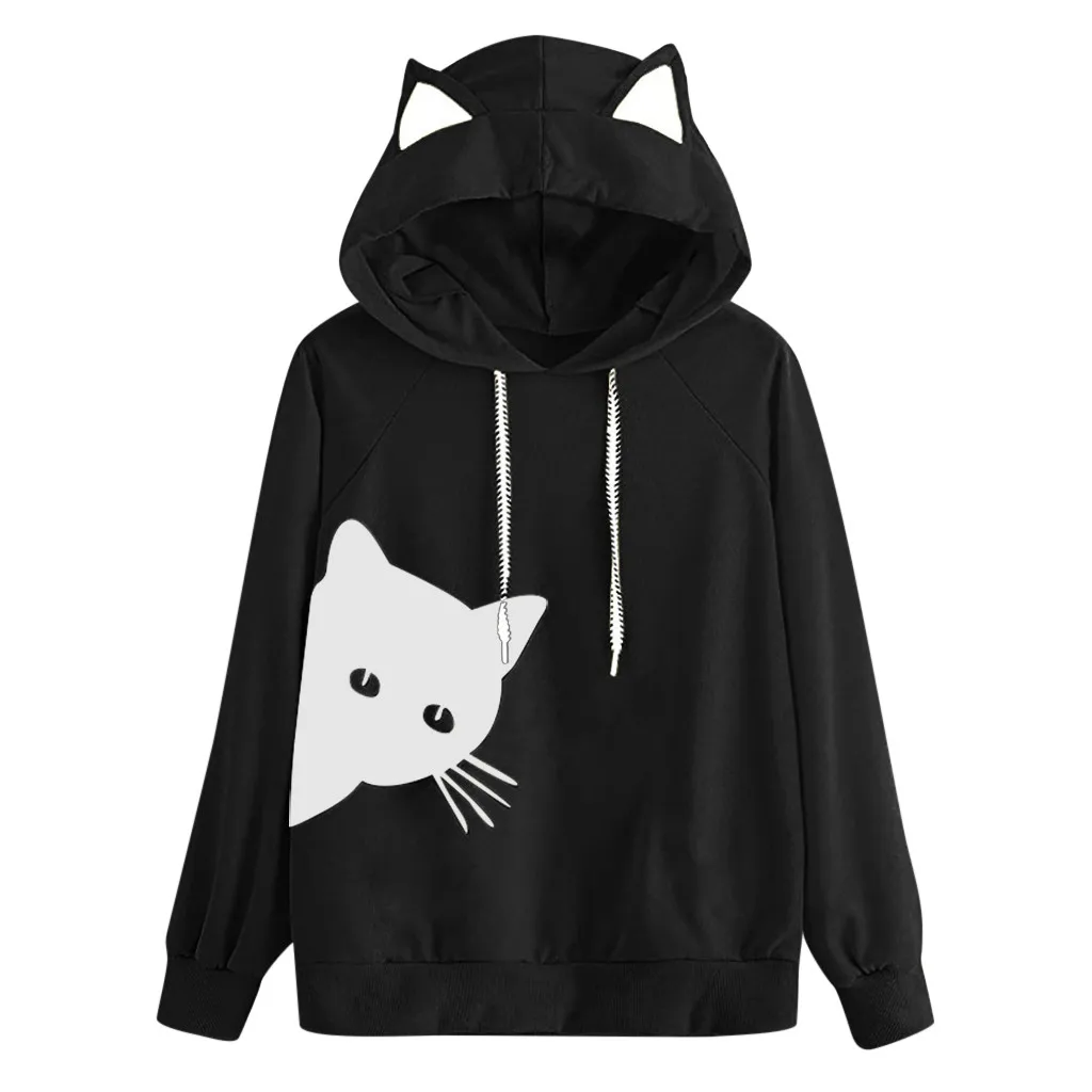 Womens Cat Long Sleeve Hoodie Sweatshirt Hooded Pullover Tops Casual