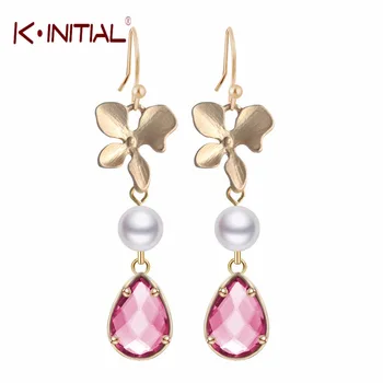 1Pair Fashion Jewelry Gift Charm Orchid Flower and Pearl Red Waterdrop Pendant Drop Earrings Women Statement Wedding Pendientes