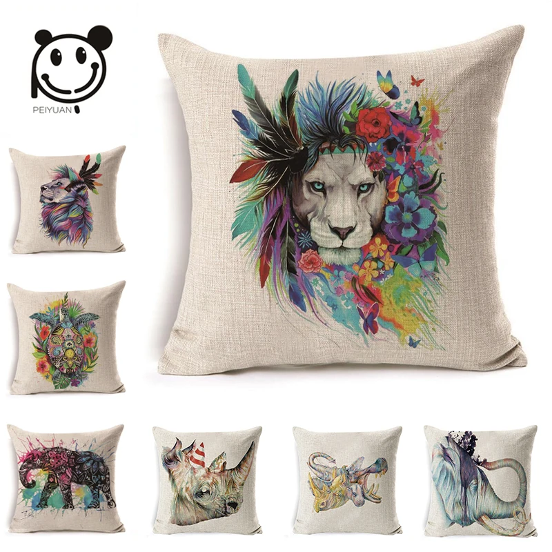 

PEIYUAN Cushion Cover High Quality Colorful Animal Lion Head Elephant Turtle and Flower Feathers Throw Pillow Case Home Decor