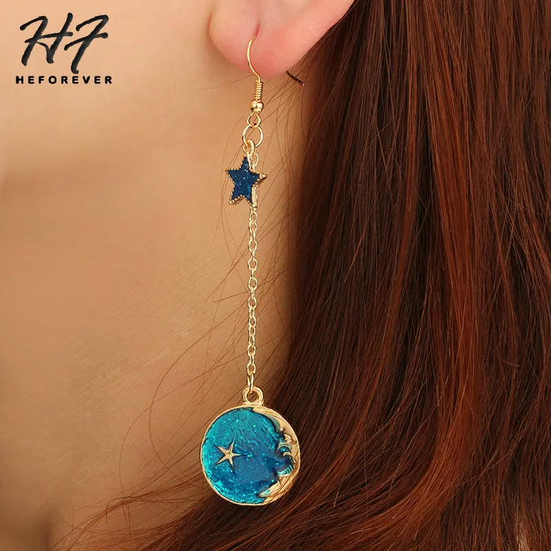 Romantic Dreaming Gold Color Sun Moon Star Earth Drop Earrings for Women Geometric Electroplate Piercing Earing Jewelry KB332