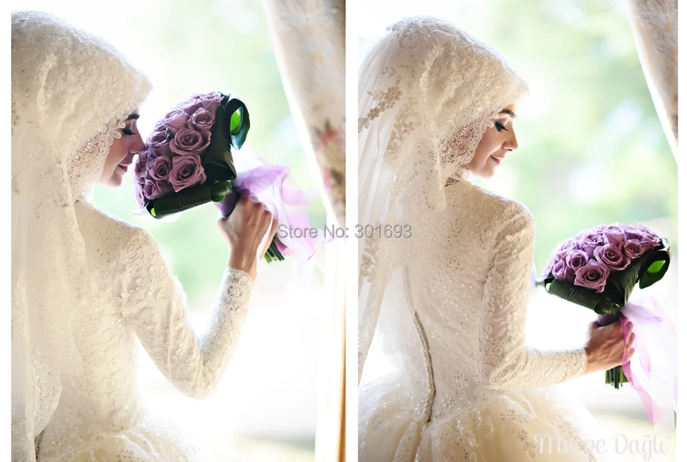 OumeiyaW0256 full long sleeve high neck with font b hijab b font lace applique beaded vestidos