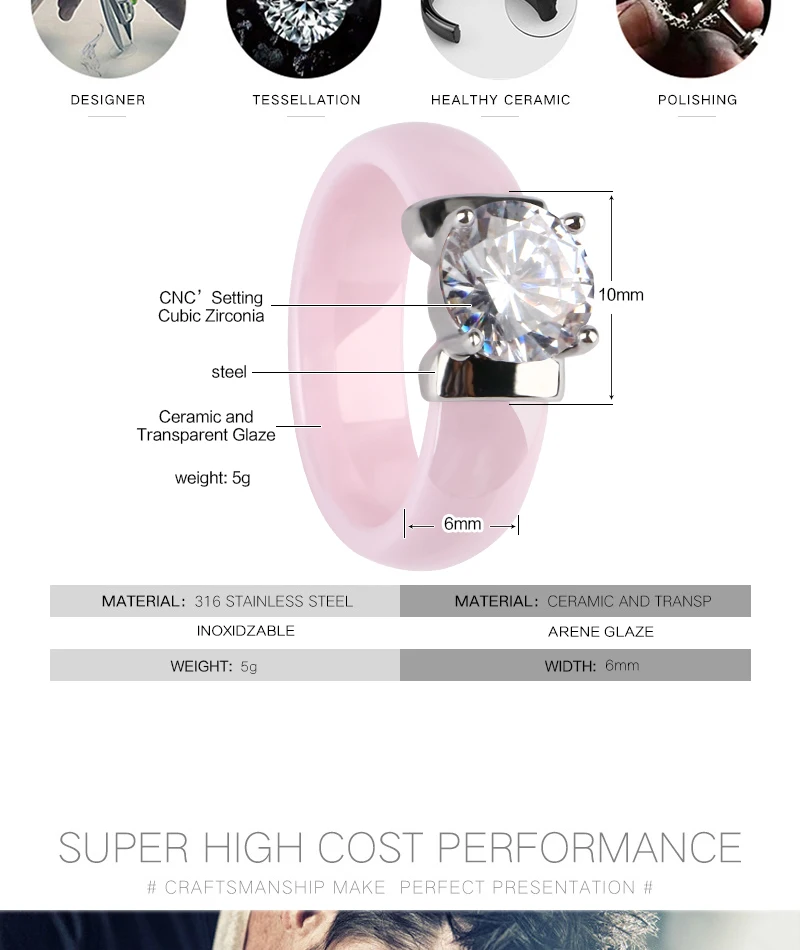 TUHE, новинка, 6 мм, светильник, розовое керамическое кольцо для женщин с большим сияющим кристаллом, здоровое, без царапин, Женское Обручальное Кольцо