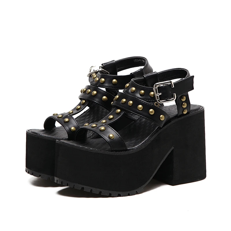 Woman Sandals 2019 Summer Gladiator Heels Fashion Rivet Shoes High Heel Sandals Punk Chunky Sandals White Shoes Platform Shoes
