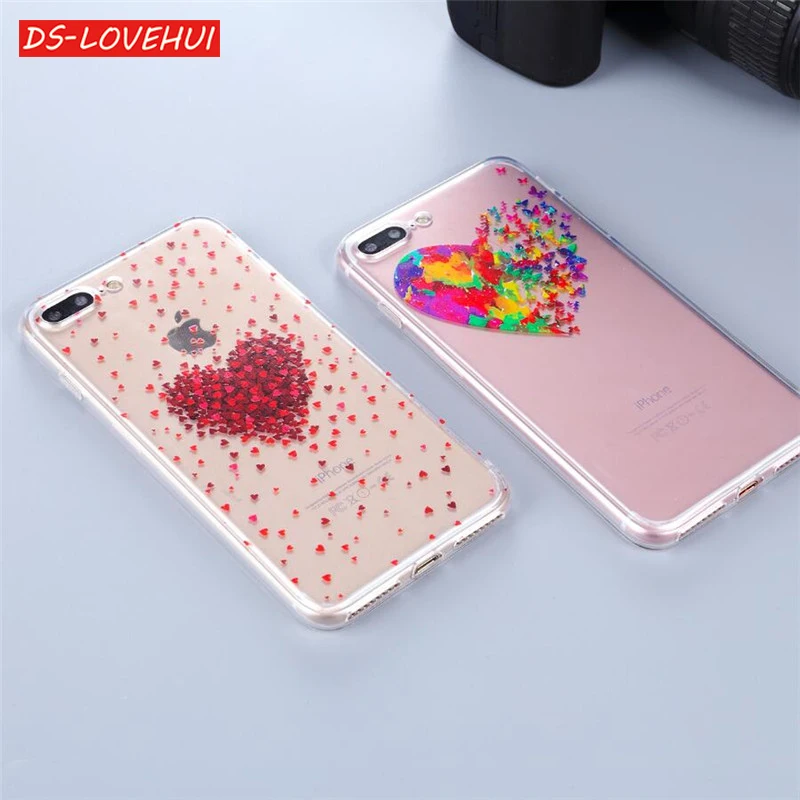 

DS-LOVEHUI Butterfly Love Hearts Pattern Transparent TPU Phone Case Cover For iPhone X 6 6s 5 5s se 7 8 plus Soft Silicone Coque